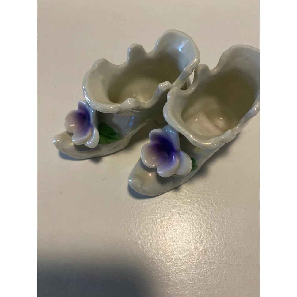 Ceramic Shoe Figurines with Violet Flowers,‎ Iridescent Glaze, Decorative Pair